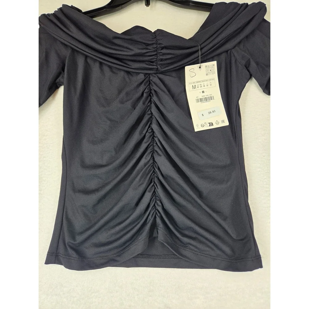 Zara Womens Black Ruched Off The Shoulder Long Sleeve Top Size M 5039/428/800